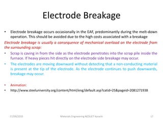 Electrode Breakage
• Electrode breakage occurs occasionally in the EAF, predominantly during the melt-down
operation. This should be avoided due to the high costs associated with a breakage
Electrode breakage is usually a consequence of mechanical overload on the electrode from
the surrounding scrap:
• Scrap is caving in from the side as the electrode penetrates into the scrap pile inside the
furnace. If heavy pieces hit directly on the electrode side breakage may occur.
• The electrodes are moving downward without detecting that a non-conducting material
is present at the tip of the electrode. As the electrode continues to push downwards,
breakage may occur.
• Animation:
• http://www.steeluniversity.org/content/html/eng/default.asp?catid=25&pageid=2081271938
27/09/2010 Materials Engineering NEDUET Karachi 17
 