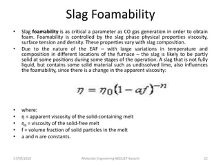 Slag Foamability
• Slag foamability is as critical a parameter as CO gas generation in order to obtain
foam. Foamability is controlled by the slag phase physical properties viscosity,
surface tension and density. These properties vary with slag composition.
• Due to the nature of the EAF – with large variations in temperature and
composition in different locations of the furnace – the slag is likely to be partly
solid at some positions during some stages of the operation. A slag that is not fully
liquid, but contains some solid material such as undissolved lime, also influences
the foamability, since there is a change in the apparent viscosity:
• where:
• η = apparent viscosity of the solid-containing melt
• η0 = viscosity of the solid-free melt
• f = volume fraction of solid particles in the melt
• a and n are constants.
27/09/2010 Materials Engineering NEDUET Karachi 22
 