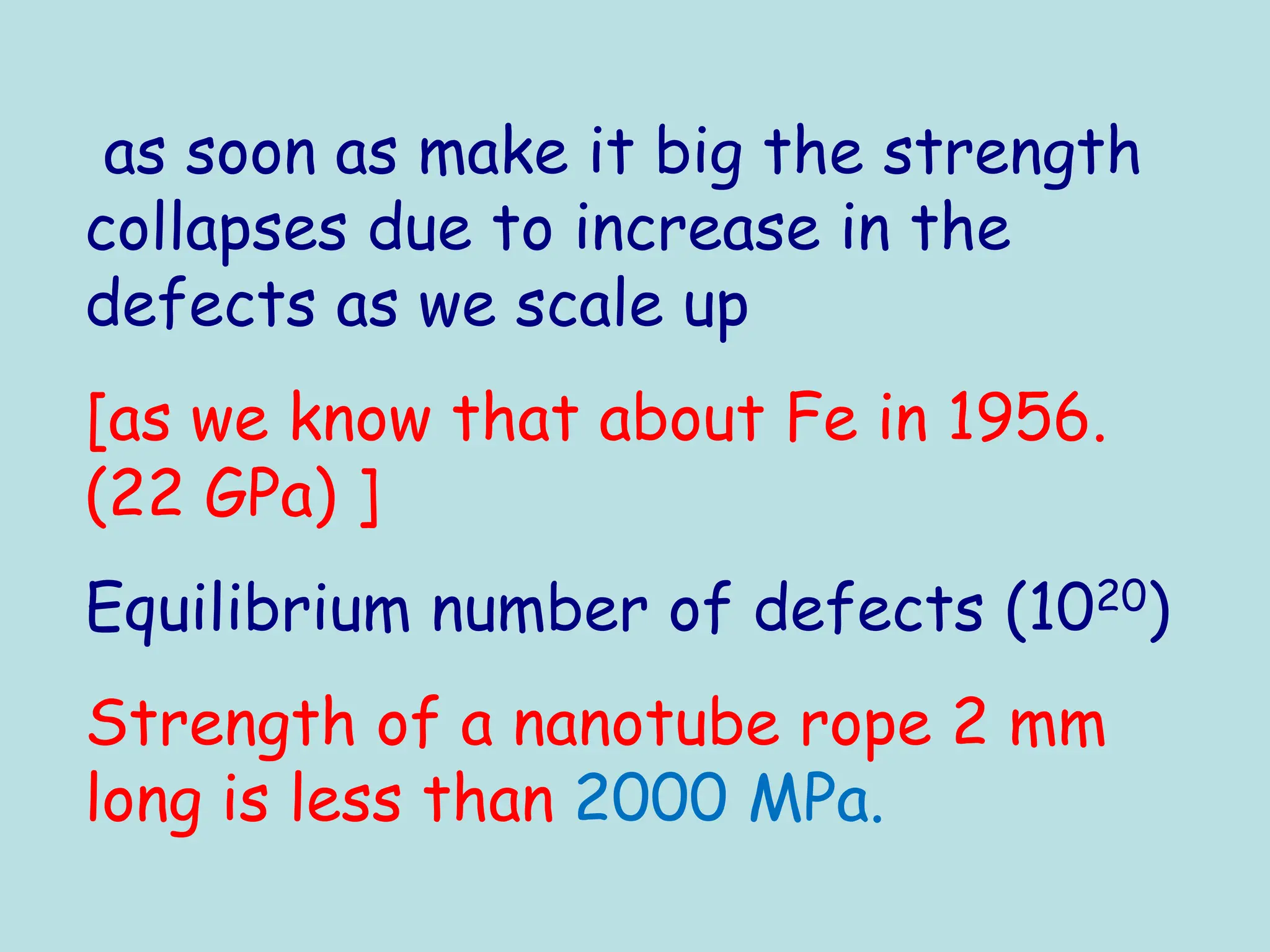 as soon as make it big the strength
collapses due to increase in the
defects as we scale up
[as we know that about Fe in 1956.
(22 GPa) ]
Equilibrium number of defects (1020)
Strength of a nanotube rope 2 mm
long is less than 2000 MPa.
 