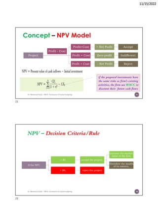 11/15/2022
Concept NPV Model
Project
Profit>Cost + Net Profit Accept
Profit = Cost Zero profit Indifferent
Profit < Cost - Net Profit Reject
Profit - Cost
Dr. Mahmoud Otaify - FMCS: Techniques of Capital budgeting
if the proposed investments have
the same risks as firm’s existing
activities, the firm useWACC to
discount their future cash flows
21
NPV – Decision Criteria/Rule
If the NPV
> $0 accept the project.
increase the market
value of the firm
Therefore the wealth
of its owners,
< $0, reject the project
Dr. Mahmoud Otaify - FMCS: Techniques of Capital budgeting 22
21
22
 