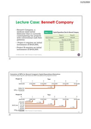 11/15/2022
Lecture Case: Bennett Company
 Bennett Company, a
medium-sized metal
fabricator that is currently
contemplating two projects
with conventional cash flow
patterns:
 Project A requires an initial
investment of $420,000,
 Project B requires an initial
investment of $450,000.
Dr. Mahmoud Otaify - FMCS: Techniques of Capital budgeting 23
Dr. Mahmoud Otaify - FMCS: Techniques of Capital budgeting 24
23
24
 