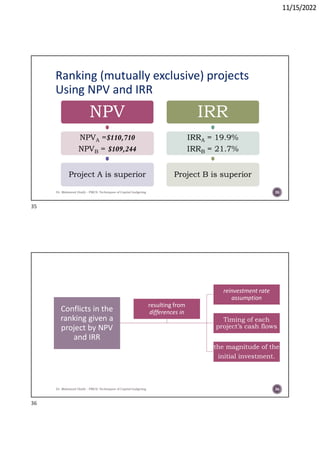 11/15/2022
Ranking (mutually exclusive) projects
Using NPV and IRR
NPV
NPVA =$110,710
NPVB = $109,244
Project A is superior
IRR
IRRA = 19.9%
IRRB = 21.7%
Project B is superior
Dr. Mahmoud Otaify - FMCS: Techniques of Capital budgeting 35
Conflicts in the
ranking given a
project by NPV
and IRR
reinvestment rate
assumption
Timing of each
project’s cash flows
the magnitude of the
initial investment.
resulting from
differences in
Dr. Mahmoud Otaify - FMCS: Techniques of Capital budgeting 36
35
36
 