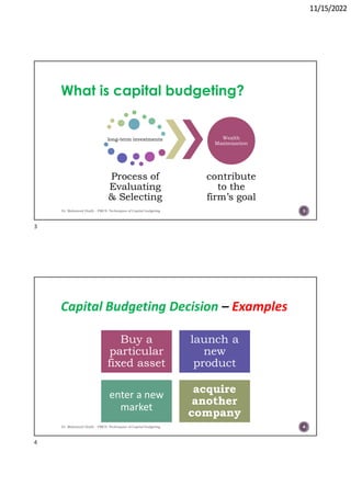 11/15/2022
What is capital budgeting?
long-term investments
Process of
Evaluating
& Selecting
Wealth
Maximization
contribute
to the
firm’s goal
Dr. Mahmoud Otaify - FMCS: Techniques of Capital budgeting 3
Capital Budgeting Decision Examples
Buy a
particular
fixed asset
launch a
new
product
enter a new
market
acquire
another
company
Dr. Mahmoud Otaify - FMCS: Techniques of Capital budgeting 4
3
4
 