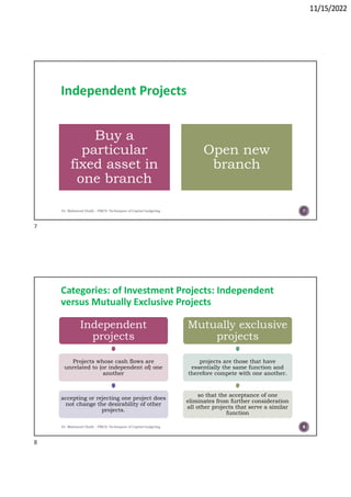 11/15/2022
Independent Projects
Dr. Mahmoud Otaify - FMCS: Techniques of Capital budgeting
Buy a
particular
fixed asset in
one branch
Open new
branch
7
Categories: of Investment Projects: Independent
versus Mutually Exclusive Projects
Independent
projects
Projects whose cash flows are
unrelated to (or independent of) one
another
accepting or rejecting one project does
not change the desirability of other
projects.
Mutually exclusive
projects
projects are those that have
essentially the same function and
therefore compete with one another.
so that the acceptance of one
eliminates from further consideration
all other projects that serve a similar
function
Dr. Mahmoud Otaify - FMCS: Techniques of Capital budgeting 8
7
8
 