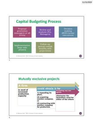 11/15/2022
Capital Budgeting Process
Proposal
generation
(managers at all
levels)
Review and
analysis (Fin.
Managers)
Decision
making
(BOD/senior
executives)
Implementation
(may take
phases)
Follow-up
(actual costs&
benefits with
projections)
Dr. Mahmoud Otaify - FMCS: Techniques of Capital budgeting 5
Mutually exclusive projects
A firm
in need of
increased
production
capacity
could obtain it by
1) expanding its
plant,
(2) acquiring
another company,
or
(3) contracting with
another company
for production
Accepting any one
option
eliminates the
immediate need for
either of the others
Dr. Mahmoud Otaify - FMCS: Techniques of Capital budgeting 6
5
6
 