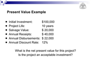Initial Investment: $100,000 Project Life: 10 years Salvage Value: $ 20,000 Annual Receipts: $ 40,000 Annual Disbursements: $ 22,000 Annual Discount Rate: 12% What is the net present value for this project? Is the project an acceptable investment? Present Value Example 