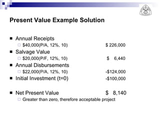 Present Value Example Solution Annual Receipts $40,000(P/A, 12%, 10) $ 226,000 Salvage Value $20,000(P/F, 12%, 10)  $  6,440 Annual Disbursements $22,000(P/A, 12%, 10) -$124,000 Initial Investment (t=0) -$100,000 Net Present Value $  8,140 Greater than zero, therefore acceptable project 