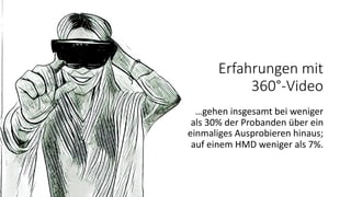 Erfahrungen mit
360°-Video
…gehen insgesamt bei weniger
als 30% der Probanden über ein
einmaliges Ausprobieren hinaus;
auf einem HMD weniger als 7%.
 