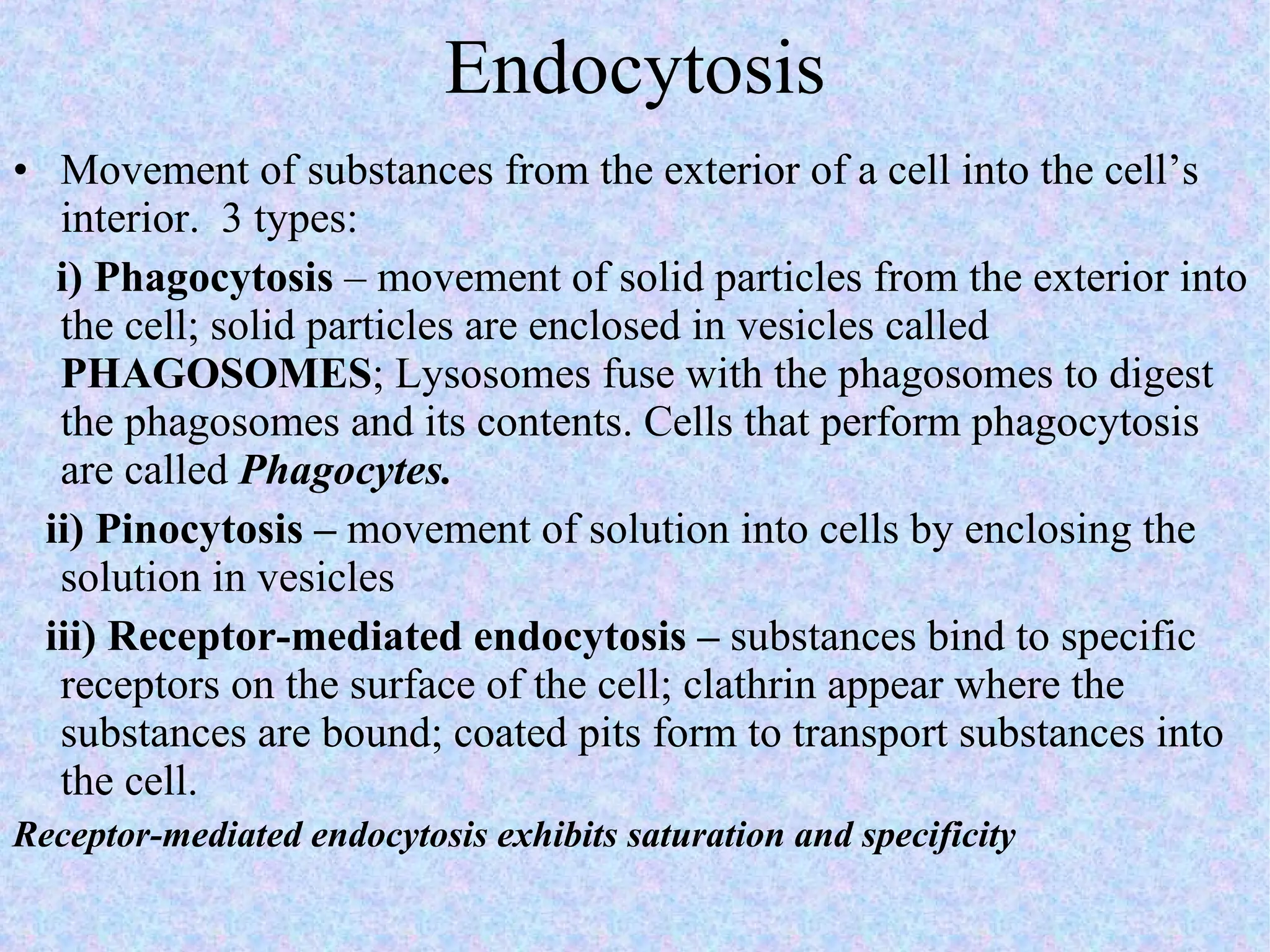 Endocytosis Movement of substances from the exterior of a cell into the cell’s interior.  3 types: i) Phagocytosis  – movement of solid particles from the exterior into the cell; solid particles are enclosed in vesicles called  PHAGOSOMES ; Lysosomes fuse with the phagosomes to digest the phagosomes and its contents. Cells that perform phagocytosis are called  Phagocytes. ii) Pinocytosis –  movement of solution into cells by enclosing the solution in vesicles iii) Receptor-mediated endocytosis –  substances bind to specific receptors on the surface of the cell; clathrin appear where the substances are bound; coated pits form to transport substances into the cell.  Receptor-mediated endocytosis exhibits saturation and specificity 