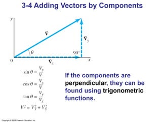 Copyright © 2009 Pearson Education, Inc.
3-4 Adding Vectors by Components
If the components are
perpendicular, they can be
found using trigonometric
functions.
 