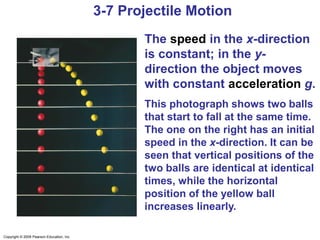 Copyright © 2009 Pearson Education, Inc.
3-7 Projectile Motion
The speed in the x-direction
is constant; in the y-
direction the object moves
with constant acceleration g.
This photograph shows two balls
that start to fall at the same time.
The one on the right has an initial
speed in the x-direction. It can be
seen that vertical positions of the
two balls are identical at identical
times, while the horizontal
position of the yellow ball
increases linearly.
 