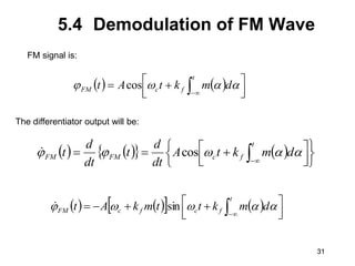 31
31
5.4 Demodulation of FM Wave
    




 
  

t
f
c
FM d
m
k
t
A
t 


 cos
   
   











 

 

t
f
c
FM
FM d
m
k
t
A
dt
d
t
dt
d
t 



 cos

   
    




 


  

t
f
c
f
c
FM d
m
k
t
t
m
k
A
t 



 sin

FM signal is:
The differentiator output will be:
 