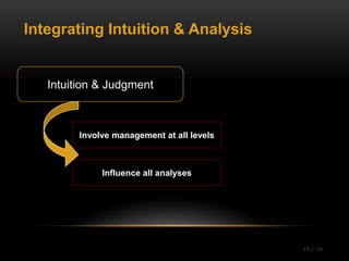 Integrating Intuition & Analysis


   Intuition & Judgment



         Involve management at all levels



              Influence all analyses




                                            Ch 1 -19
 