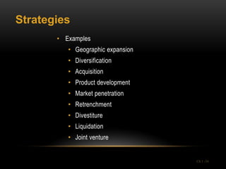 Strategies
       • Examples
          • Geographic expansion
          • Diversification
          • Acquisition
          • Product development
          • Market penetration
          • Retrenchment
          • Divestiture
          • Liquidation
          • Joint venture


                                   Ch 1 -34
 