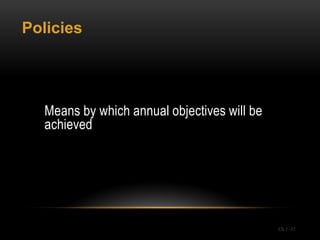 Policies




  Means by which annual objectives will be
  achieved




                                             Ch 1 -37
 
