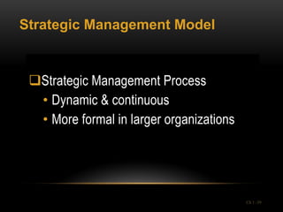 Strategic Management Model


 Strategic Management Process
  • Dynamic & continuous
  • More formal in larger organizations




                                          Ch 1 -39
 