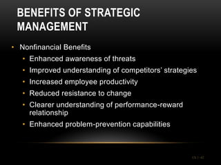 BENEFITS OF STRATEGIC
 MANAGEMENT
• Nonfinancial Benefits
   • Enhanced awareness of threats
   • Improved understanding of competitors’ strategies
   • Increased employee productivity
   • Reduced resistance to change
   • Clearer understanding of performance-reward
     relationship
   • Enhanced problem-prevention capabilities



                                                    Ch 1 -42
 