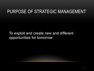 PURPOSE OF STRATEGIC MANAGEMENT



To exploit and create new and different
opportunities for tomorrow




                                          Ch 1 -7
 