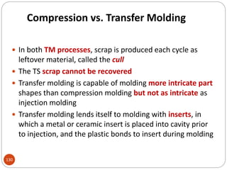 Compression vs. Transfer Molding
 In both TM processes, scrap is produced each cycle as
leftover material, called the cull
 The TS scrap cannot be recovered
 Transfer molding is capable of molding more intricate part
shapes than compression molding but not as intricate as
injection molding
 Transfer molding lends itself to molding with inserts, in
which a metal or ceramic insert is placed into cavity prior
to injection, and the plastic bonds to insert during molding
130
 