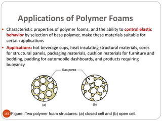 Applications of Polymer Foams
 Characteristic properties of polymer foams, and the ability to control elastic
behavior by selection of base polymer, make these materials suitable for
certain applications
 Applications: hot beverage cups, heat insulating structural materials, cores
for structural panels, packaging materials, cushion materials for furniture and
bedding, padding for automobile dashboards, and products requiring
buoyancy
Figure :Two polymer foam structures: (a) closed cell and (b) open cell.163
 