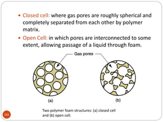 165
 Closed cell: where gas pores are roughly spherical and
completely separated from each other by polymer
matrix.
 Open Cell: in which pores are interconnected to some
extent, allowing passage of a liquid through foam.
Two polymer foam structures: (a) closed cell
and (b) open cell.
 