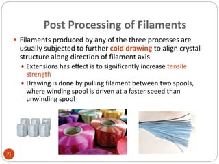 Post Processing of Filaments
71
 Filaments produced by any of the three processes are
usually subjected to further cold drawing to align crystal
structure along direction of filament axis
 Extensions has effect is to significantly increase tensile
strength
 Drawing is done by pulling filament between two spools,
where winding spool is driven at a faster speed than
unwinding spool
 