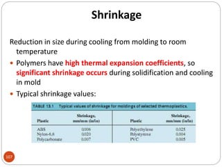 Shrinkage
Reduction in size during cooling from molding to room
temperature
 Polymers have high thermal expansion coefficients, so
significant shrinkage occurs during solidification and cooling
in mold
 Typical shrinkage values:
107
 