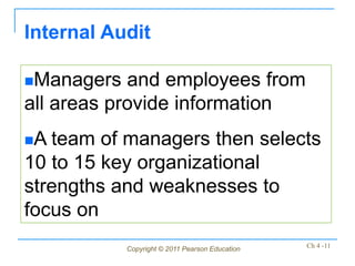 Internal Audit

Managers   and employees from
all areas provide information
A team of managers then selects
10 to 15 key organizational
strengths and weaknesses to
focus on
            Copyright © 2011 Pearson Education   Ch 4 -11
 