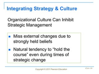 Integrating Strategy & Culture

Organizational Culture Can Inhibit
Strategic Management

   Miss external changes due to
    strongly held beliefs
   Natural tendency to “hold the
    course” even during times of
    strategic change
               Copyright © 2011 Pearson Education   Ch 4 -19
 