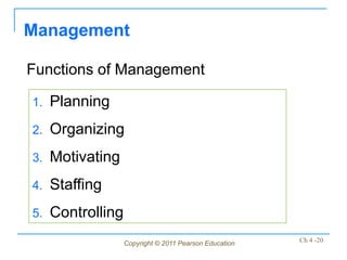 Management

Functions of Management

1.   Planning
2.   Organizing
3.   Motivating
4.   Staffing
5.   Controlling
                   Copyright © 2011 Pearson Education   Ch 4 -20
 