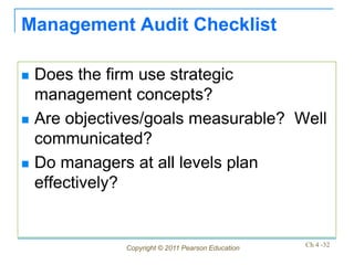 Management Audit Checklist

   Does the firm use strategic
    management concepts?
   Are objectives/goals measurable? Well
    communicated?
   Do managers at all levels plan
    effectively?


               Copyright © 2011 Pearson Education   Ch 4 -32
 