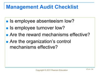 Management Audit Checklist

   Is employee absenteeism low?
   Is employee turnover low?
   Are the reward mechanisms effective?
   Are the organization’s control
    mechanisms effective?



               Copyright © 2011 Pearson Education   Ch 4 -34
 