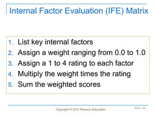 Internal Factor Evaluation (IFE) Matrix


1. List key internal factors
2. Assign a weight ranging from 0.0 to 1.0
3. Assign a 1 to 4 rating to each factor
4. Multiply the weight times the rating
5. Sum the weighted scores


               Copyright © 2011 Pearson Education   Ch 4 -76
 
