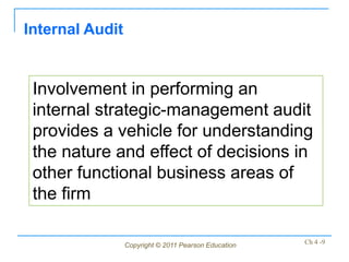 Internal Audit


 Involvement in performing an
 internal strategic-management audit
 provides a vehicle for understanding
 the nature and effect of decisions in
 other functional business areas of
 the firm

                 Copyright © 2011 Pearson Education   Ch 4 -9
 