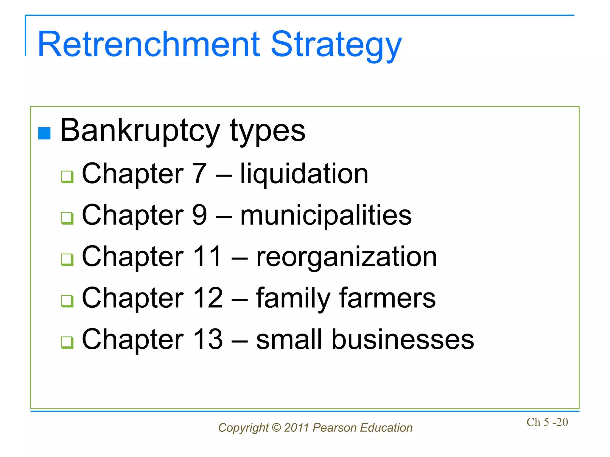 Retrenchment Strategy

   Bankruptcy types
     Chapter 7 – liquidation
     Chapter 9 – municipalities

     Chapter 11 – reorganization

     Chapter 12 – family farmers

     Chapter 13 – small businesses



               Copyright © 2011 Pearson Education   Ch 5 -20
 