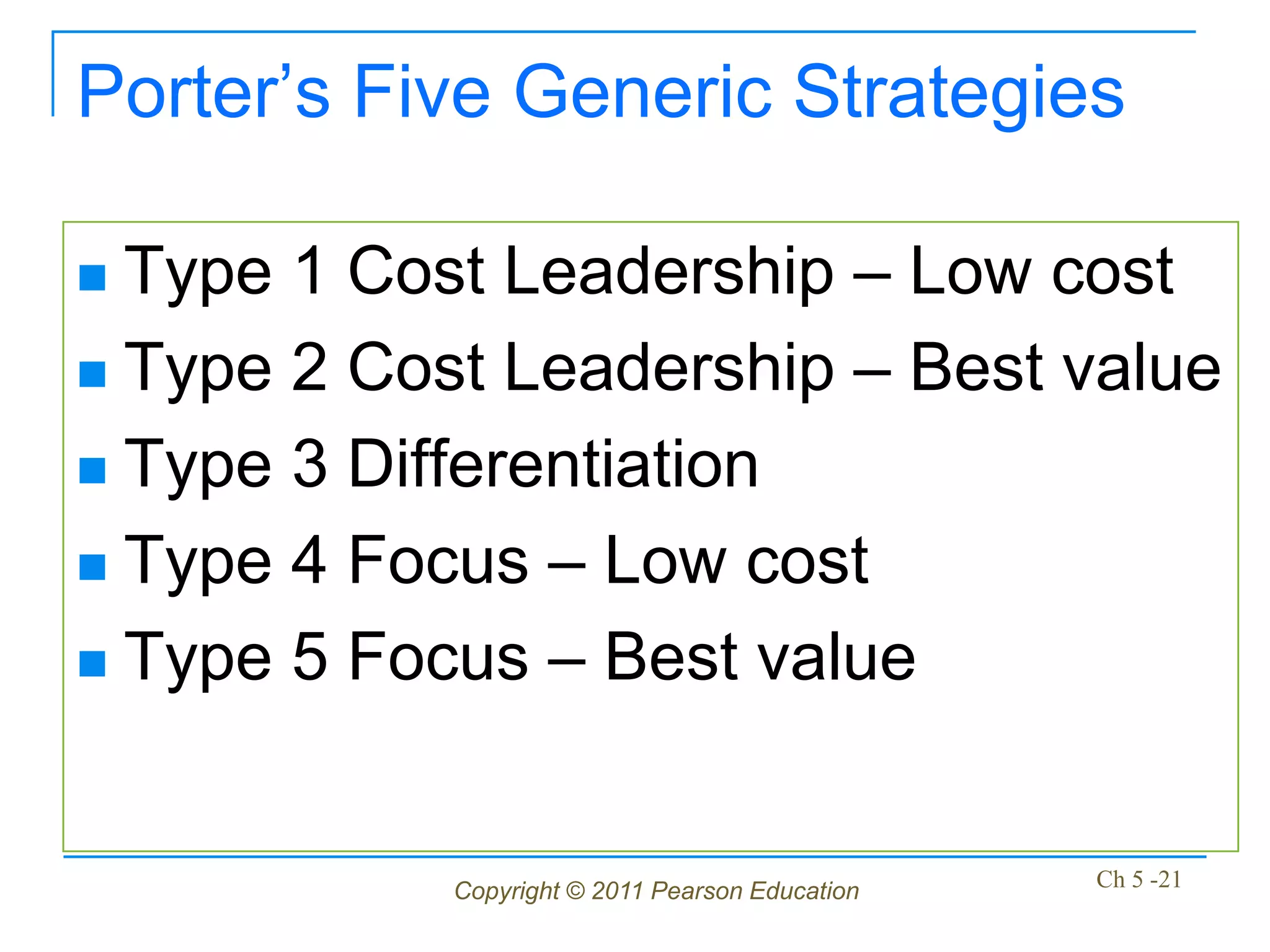 Porter’s Five Generic Strategies

 Type 1 Cost Leadership – Low cost
 Type 2 Cost Leadership – Best value

 Type 3 Differentiation

 Type 4 Focus – Low cost

 Type 5 Focus – Best value




            Copyright © 2011 Pearson Education   Ch 5 -21
 