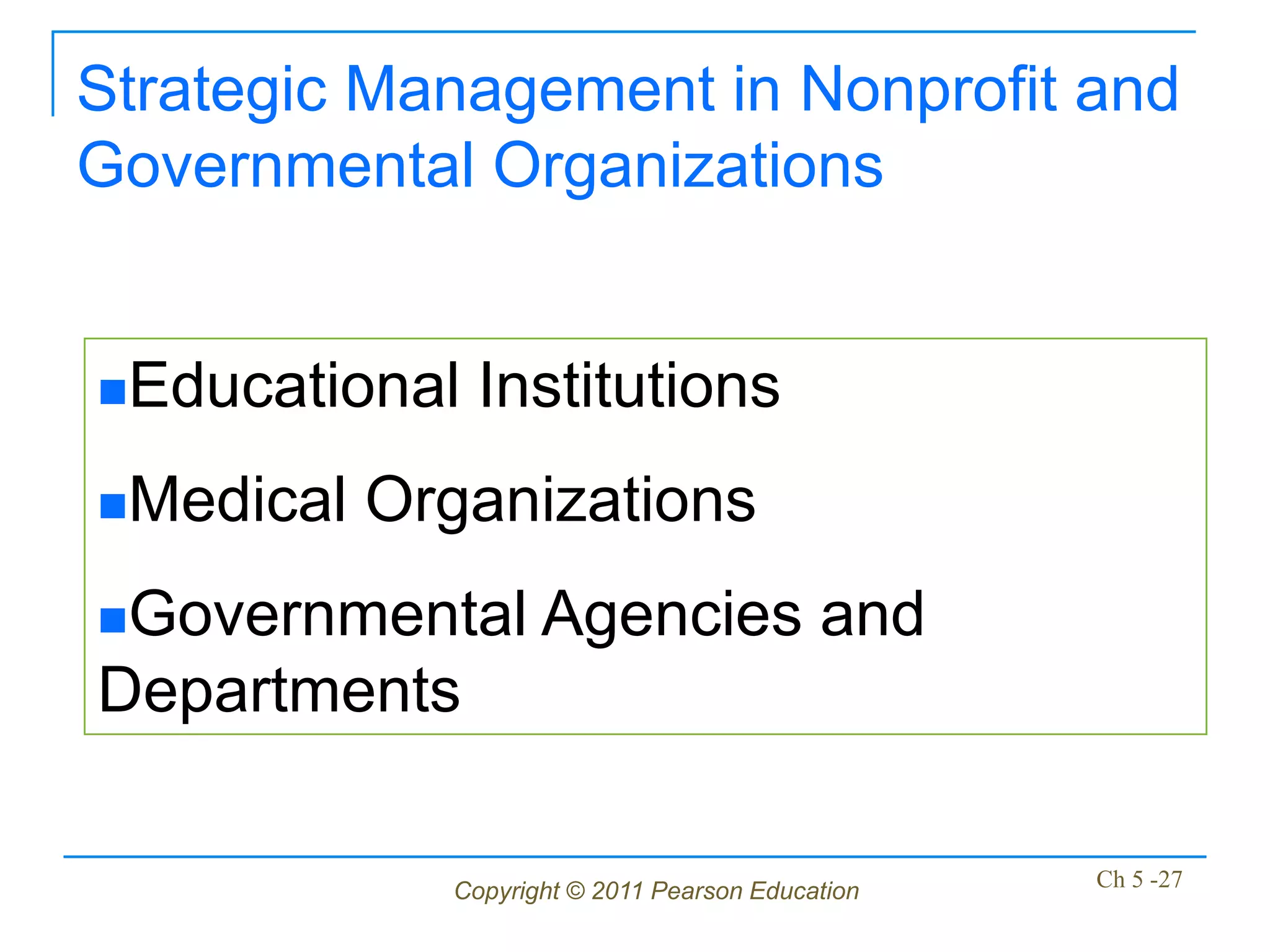 Strategic Management in Nonprofit and
Governmental Organizations


Educational   Institutions
Medical   Organizations
Governmental       Agencies and
Departments

             Copyright © 2011 Pearson Education   Ch 5 -27
 