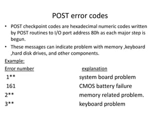 POST error codes
• POST checkpoint codes are hexadecimal numeric codes written
by POST routines to I/O port address 80h as each major step is
begun.
• These messages can indicate problem with memory ,keyboard
,hard disk drives, and other components.
Example:
Error number explanation
1** system board problem
161 CMOS battery failure
2** memory related problem.
3** keyboard problem
 