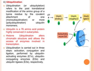 iii) Ubiquitination
 Ubiquitination (or ubiquitylation)
refers to the post translational
modification of the amino group of a
lysine residue by the covalent
attachment of one
(monoubiquitination) or more
(polyubiquitination) ubiquitin
monomers.
 Ubiquitin is a 76 amino acid protein
highly conserved in eukaryotes.
 Histone Ubiquitination alters
chromatin structure and allows the
access of enzymes involved in
transcription.
 Ubiquitination is carried out in three
steps: activation, conjugation and
ligation, performed by ubiquitin-
activating enzymes (E1s), ubiquitin-
conjugating enzymes (E2s) and
ubiquitin ligases (E3s), respectively.
 