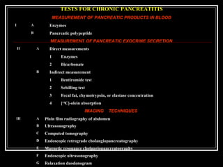 TESTS FOR CHRONIC PANCREATITIS
MEASUREMENT OF PANCREATIC PRODUCTS IN BLOOD
I A Enzymes
B Pancreatic polypeptide
MEASUREMENT OF PANCREATIC EXOCRINE SECRETION
II A Direct measurements
1 Enzymes
2 Bicarbonate
B Indirect measurement
1 Bentiromide test
2 Schilling test
3 Fecal fat, chymotrypsin, or elastase concentration
4 [14
C]-olein absorption
IMAGING TECHNIQUES
III A Plain film radiography of abdomen
B Ultrasonography
C Computed tomography
D Endoscopic retrograde cholangiopancreatography
E Magnetic resonance cholangiopancreatography
F Endoscopic ultrasonography
G Relaxation duodenogram
 