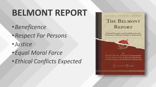 BELMONT REPORT
•Beneficence
•Respect For Persons
•Justice
•Equal Moral Force
•Ethical Conflicts Expected
 