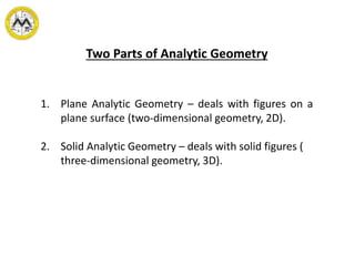 Two Parts of Analytic Geometry
1. Plane Analytic Geometry – deals with figures on a
plane surface (two-dimensional geometry, 2D).
2. Solid Analytic Geometry – deals with solid figures (
three-dimensional geometry, 3D).
 