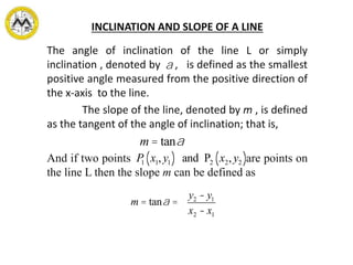INCLINATION AND SLOPE OF A LINE
The angle of inclination of the line L or simply
inclination , denoted by , is defined as the smallest
positive angle measured from the positive direction of
the x-axis to the line.
The slope of the line, denoted by m , is defined
as the tangent of the angle of inclination; that is,
And if two points are points on
the line L then the slope m can be defined as
a
m = tana
m = tana =
y2 - y1
x2 - x1
P1 x1, y1( ) and P2 x2, y2( )
 