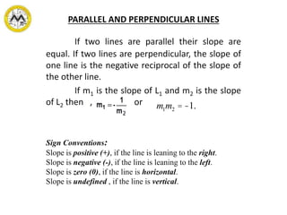PARALLEL AND PERPENDICULAR LINES
If two lines are parallel their slope are
equal. If two lines are perpendicular, the slope of
one line is the negative reciprocal of the slope of
the other line.
If m1 is the slope of L1 and m2 is the slope
of L2 then , or
Sign Conventions:
Slope is positive (+), if the line is leaning to the right.
Slope is negative (-), if the line is leaning to the left.
Slope is zero (0), if the line is horizontal.
Slope is undefined , if the line is vertical.
m1m2 = -1.
 