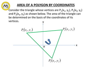 AREA OF A POLYGON BY COORDINATES
Consider the triangle whose vertices are P1(x1, y1), P2(x2, y2)
and P3(x3, y3) as shown below. The area of the triangle can
be determined on the basis of the coordinates of its
vertices.
o
y
x
 111 y,xP
 222 y,xP
 333 y,xP
 