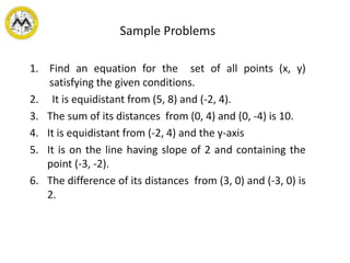Sample Problems
1. Find an equation for the set of all points (x, y)
satisfying the given conditions.
2. It is equidistant from (5, 8) and (-2, 4).
3. The sum of its distances from (0, 4) and (0, -4) is 10.
4. It is equidistant from (-2, 4) and the y-axis
5. It is on the line having slope of 2 and containing the
point (-3, -2).
6. The difference of its distances from (3, 0) and (-3, 0) is
2.
 