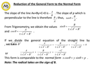 Reduction of the General Form to the Normal Form
The slope of the line Ax+By+C=0 is . The slope of p which is
perpendicular to the line is therefore ; thus, .
From Trigonometry, we obtain the values
and .
If we divide the general equation of the straight line by
, we have
or
This form is comparable to the normal form .
Note: The radical takes on the sign of B.
B
A

A
B
A
B
tan 
22
BA
B
sin


22
BA
A
cos


22
BA  0
BA
C
y
BA
B
x
BA
A
222222






BA
C
y
BA
B
x
BA
A
222222






py sincosx  
 