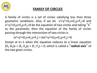 FAMILY OF CIRCLES
A family of circles is a set of circles satisfying less than three
geometric conditions. Also, if we let x2+y2+D1x+E1y+F1=0 and
x2+y2+D2x+E2y+F2=0 be the equation of two circles and taking “k”
as the parameter, then the equation of the family of circles
passing through the intersection of two circles is
(x2+y2+D1x+E1y+F1) + k(x2+y2+D2x+E2y+F2) =0.
Except at k=-1 when the equation reduces to a linear equation
(D1-D2)x + (E1-E2)y + (F1-F2) = 0, which is called a “radical axis” of
the two given circles.
 