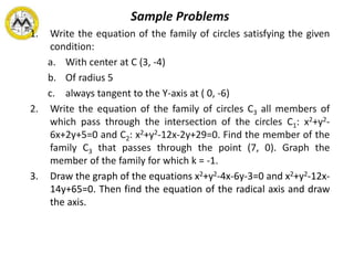 Sample Problems
1. Write the equation of the family of circles satisfying the given
condition:
a. With center at C (3, -4)
b. Of radius 5
c. always tangent to the Y-axis at ( 0, -6)
2. Write the equation of the family of circles C3 all members of
which pass through the intersection of the circles C1: x2+y2-
6x+2y+5=0 and C2: x2+y2-12x-2y+29=0. Find the member of the
family C3 that passes through the point (7, 0). Graph the
member of the family for which k = -1.
3. Draw the graph of the equations x2+y2-4x-6y-3=0 and x2+y2-12x-
14y+65=0. Then find the equation of the radical axis and draw
the axis.
 