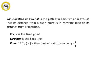 Conic Section or a Conic is the path of a point which moves so
that its distance from a fixed point is in constant ratio to its
distance from a fixed line.
Focus is the fixed point
Directrix is the fixed line
Eccentricity ( e ) is the constant ratio given by
 